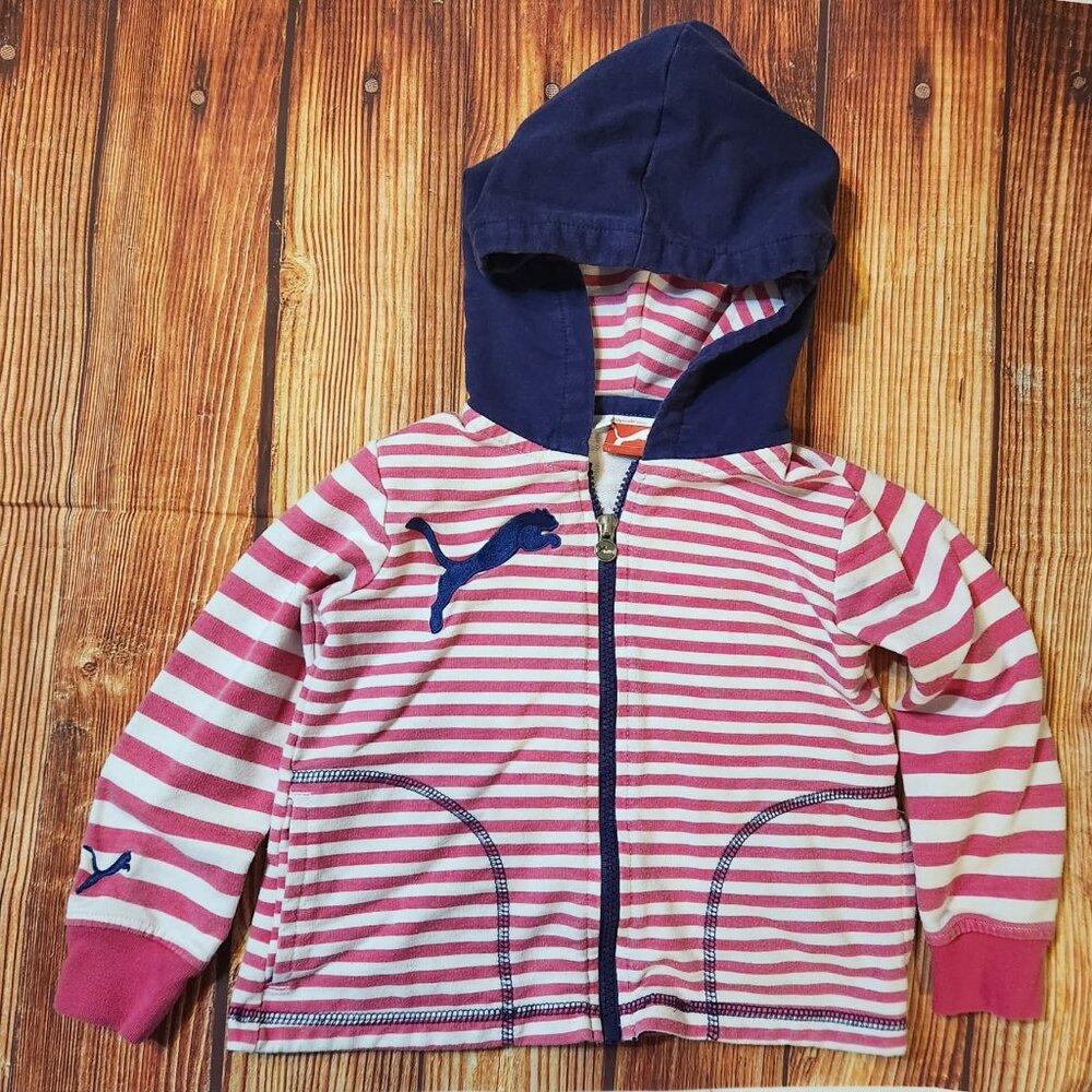 Puma 3T Hooded Sweatshirt Pink White Stripes Navy Hood Logo Toddler Girls